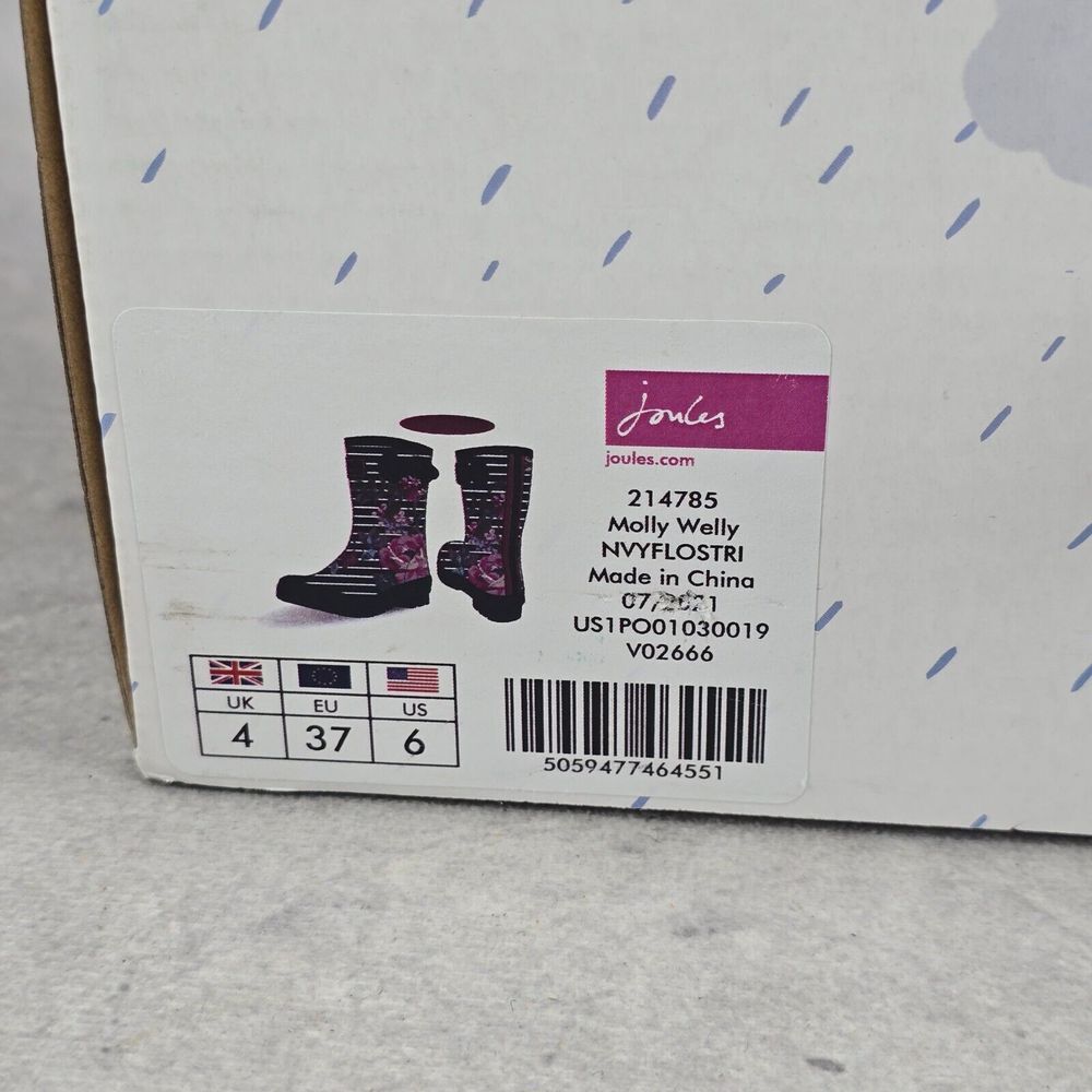New Joules Rain Boots Mid Calf Molly Welly Navy Stripes Flowers Size US: 6 UK: 4 - Picture 13 of 15